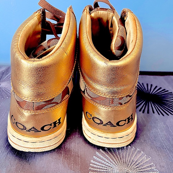 Coach Brand Norra Gold Color with tan & beige Hightop Sneakers Size women’s 10 - Picture 4 of 5